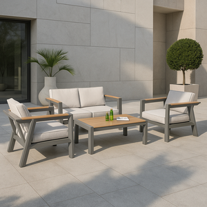 Ensemble <span class=keywords><strong>de</strong></span> meubles <span class=keywords><strong>de</strong></span> patio extérieur en métal moderne, ensemble <span class=keywords><strong>de</strong></span> canapé <span class=keywords><strong>de</strong></span> <span class=keywords><strong>jardin</strong></span> 4 pièces, accoudoirs aspect <span class=keywords><strong>bois</strong></span>, table basse, écologique, antirouille - Product Image 2