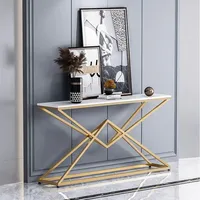 Table console moderne élégante en métal finition or, plateau rectangulaire en marbre, durable, écologique, fabriquée à la main, montage facile, salon