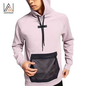 Custom Men Hoodie OEM ODM Pink Pullover Hoodie Front Quarter Zip Mesh Pocket Streetwear Moda Sudadera con capucha Fabricante - Product Image 4
