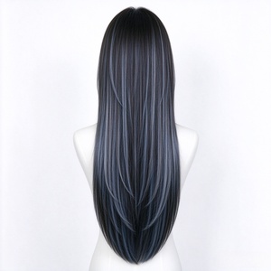 Peluca de Cabello Humano Largo y Liso con Capas, Color Negro con Reflejos Azul Grisáceo, con Flequillo Delgado para Delinear el Rostro - Product Image 4