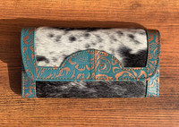 Nouveau Design Offre Spéciale Western véritable peau de vache portefeuille en cuir de fourrure élégant à la main Turquoise sculpture en cuir étui de téléphone pochette de luxe