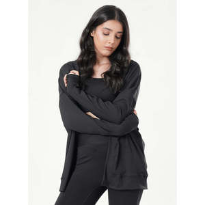 Cardigan long noir côtelé pour femme, à manches longues, épaules tombantes, style minimaliste et décontracté - Product Image 3