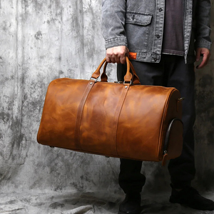 Bolsa de lona de cuero genuino de gran capacidad para hombre, bolsas de viaje impermeables Vintage a la moda con cierre de cremallera - Product Image 1