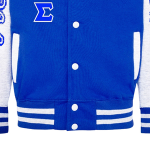 Veste universitaire bleue et blanche avec lettres grecques brodées 1914 G.O.W.A.R. Pull-over pour homme style preppy avec logo sur le devant - Product Image 3