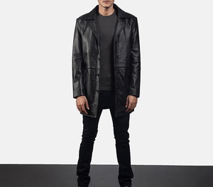 Veste en cuir noir pour homme Fermeture à glissière Col rabattu Pleine longueur 2 poches plaquées avant Hiver Respirant Coupe-vent - Product Image 5