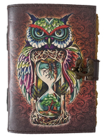 Cuaderno de Tapa Dura con Estampado de Búho Multicolor, 100% Cuero Genuino, con Cierre Metálico Tipo C-Lock, Páginas Artísticas con Borde Decorativo