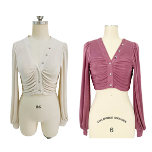 Custom <b>Womens</b> Knit Crop Top Autumn Slinky <b>Short</b> <b>Sleeve</b> <b>Cardigan</b> Sexy Casual Puff <b>Sleeve</b> Solid Blouse Tops - Product Image 5