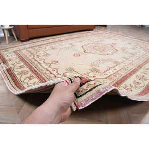 6.5x9.1 ft Turkish Vintage <b>Wool</b> Rug <b>Red</b> White Floral Patchwork Design Latex Backing - Product Image 3