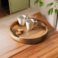 Plateau de service rond en bois avec poignées robustes, plateau en bois brun pour servir des aliments, des boissons et des collations, fournisseur en gros