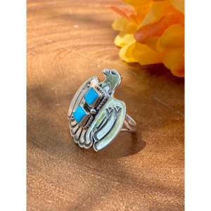 Navajo-Crafted Pear Shaped Sleeping Beauty Turquoise Sterling <b>Silver</b> Thunderbird <b>Ring</b> Bezel Set <b>Opal</b> Size 7.25 for Everyday Wear - Product Image 4