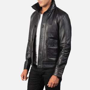 This is a Men's Columbus Black Leather Bomber <b>Jacket</b> made of <b>sheepskin</b> leather - Product Image 5