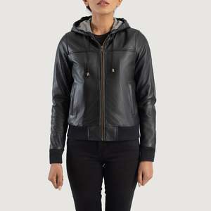 Chaqueta Bomber de Piel de Oveja Rebella, Negra, con Capucha, Resistente al Viento - Product Image 4