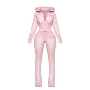 Conjunto de Sudadera con Capucha Corta Rosa de Dos Piezas para Mujer, con Chaqueta con Cremallera de Última Tendencia OEM, Logotipo Personalizado y Pantalones de Chándal Lisos con Efecto Desgastado Vintage - Product Image 2
