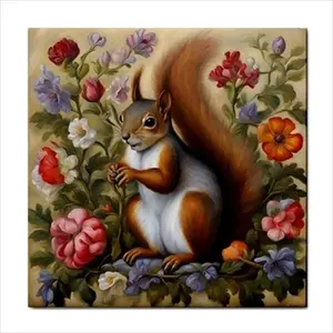 Azulejo de cerámica artístico de ardilla y flores silvestres de estilo Vintage, acento de pared elegante para salpicaduras de cocina o baño - Product Image 1