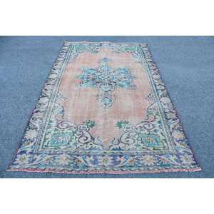 Alfombra Turca de 5.5x9.1 pies, Alfombra Vintage Grande, Alfombra de Lana Sólida Azul y Rosa - Product Image 1