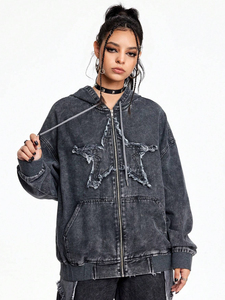 Custom High Quality Acid Washed Oversized Distressed Sweatshirt 500gsm Hoodie Hooded Zip up <b>Denim</b> Pullover <b>Jacket</b> - Product Image 4