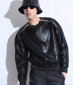 도매 2023 사용자 정의 남자 블랙 PU 가죽 소매 스웨터 세련된 뜨거운 판매 어깨 지퍼 가죽 소매 스웨터