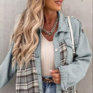 Chaqueta vaquera a cuadros de gran tamaño para mujer, chaqueta informal de manga larga con botones para otoño e invierno, chaqueta vaquera para novio con bolsillos - Product Image 1