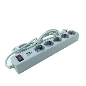 Ổ Cắm Mở Rộng 5 Chiều Với Nối Đất Với Bảo Vệ Chống Sét Với 2XUSB Tiêu Chuẩn EU Với Cáp 3 Mét Bảo Vệ Chống Sét Màu Xám