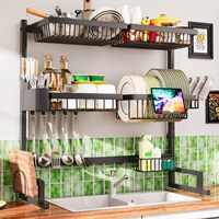 Égouttoir mural multifonctionnel en acier inoxydable noir à 2 niveaux amovible pour la cuisine, pour les plats et les bols