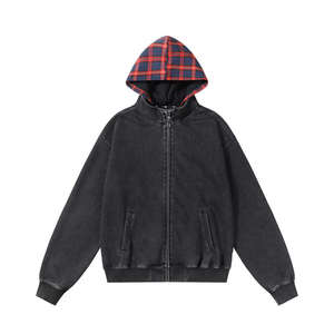 High Street American <b>Retro</b> Washed Vintage Plaid Patchwork Hooded <b>Sweatshirt</b> Men Fashion-Forward Loose Hoodies - Product Image 3
