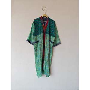 Recycled Sari Silk <b>Kimono</b> Robe Floral Pattern Indian Maternity Dressing Gown Long Wear Thermal for Summer <b>Beach</b> Cover Autumn - Product Image 2