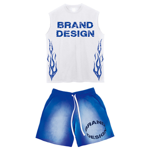 Ropa de calle personalizada, conjuntos de verano para hombre, camiseta sin mangas con borde crudo de dos piezas, pantalones cortos lavados con ácido, conjuntos de pantalones cortos personalizados - Product Image 3