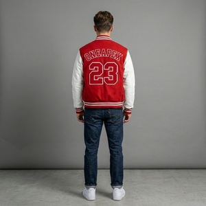 Prime <b>Red</b> White Letterman Jacket <b>Wool</b> Body Leather Sleeves Rib Knit Collar Cuffs Snap Front Custom Logo Streetwear Outerwear Set - Product Image 2