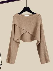 ชุดเสื้อผ้า3ชิ้นสำหรับสาวออฟฟิศชุดเสื้อสเวตเตอร์ถักแบบไม่สม่ำเสมอ + เสื้อเชิ้ต + กางเกงขากว้างสำหรับฤดูหนาว - Product Image 4