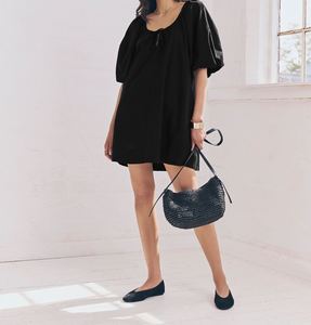 Black 100% Cotton <strong>Jersey</strong> Puff Sleeve Tie Front V-neck A-Line Fitted <strong>Midi</strong> <strong>Dress</strong> Featuring Voluminous Puff Sleeves Plain Dyed - Product Image 1