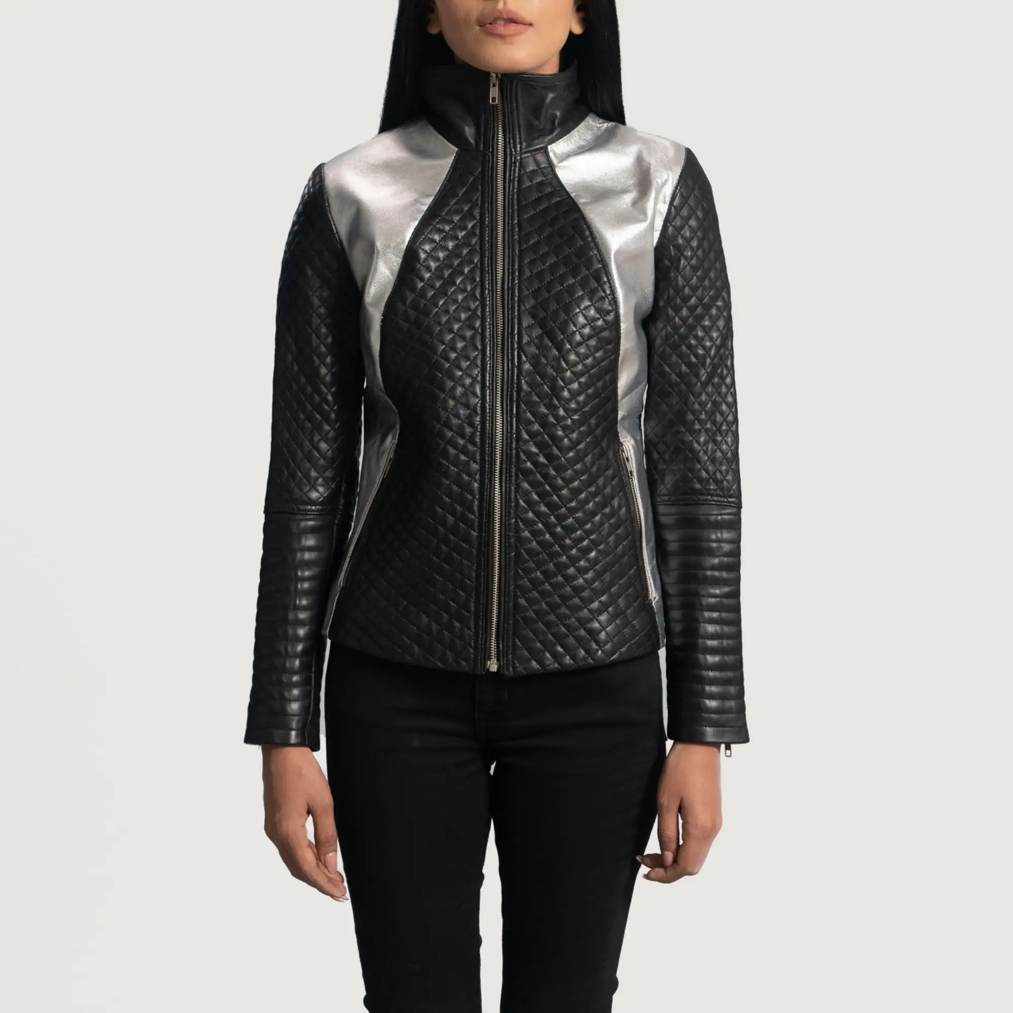 Real Leather Sheepskin Aniline Zipper Alia Metallic Black Women Biker Jacket with Quilted Viscose Lining and Inside Outside Pock