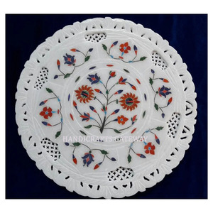 Assiette décorative en marbre avec incrustation d'art floral multicolore, qualité supérieure, forme ronde, design personnalisé pour la décoration de cuisine. - Product Image 4