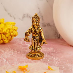 Idole Radha Rani en laiton, statue décorative Radha Kishori, Murti religieux hindou traditionnel, 10 cm, finition dorée - Product Image 1