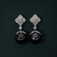 Pendientes de Perlas de Imitación Akoya Negras con Diamantes en Plata de Ley 925 con Diamantes Cultivados en Laboratorio - Lujo de Moda para Bodas