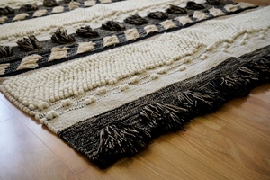 Handwoven Striped Cotton <b>Rug</b> Brown Black Blend Shaggy Pile with Fringe Boho Style for Natural and <b>Rustic</b> Home Decor - Product Image 6