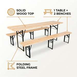 Table de pique-nique pliante avec 2 bancs - Plateau en bois massif, 180x60x76cm - Product Image 2