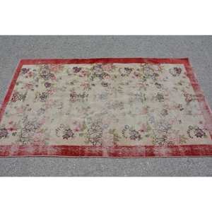 Alfombra turca clásica Beige roja Vintage de 3,5x6,1 pies de lana de retazos de área grande con respaldo de látex para pasillo o dormitorio - Product Image 2