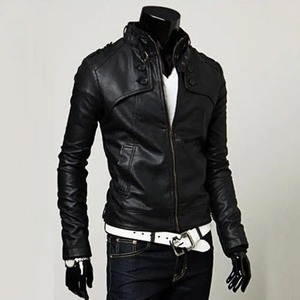 Veste en cuir de mouton pour homme, coupe ajustée, col montant en PU, anti-vent, design élégant - Product Image 4