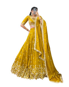 New Arrivals Traditional Party Winter Summer Vichitra <b>Silk</b> Flock Print Embossed Fancy Lehenga Choli Dupatta Sets Viscose - Product Image 1