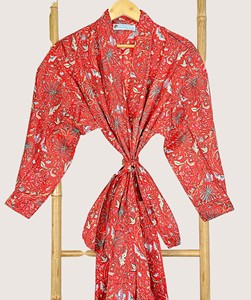 Bata Larga Estampada Floral para Mujer, Manga Larga, Cuello Vuelto, 100% Algodón Suave, Estilo Casual de Primavera, Cierre con Cordón - Product Image 4