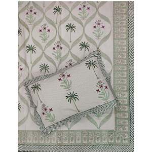 Sábana Doble de Algodón Estampada a Mano con Funda de Almohada, Diseño de Plantas, para Uso Doméstico - Product Image 1