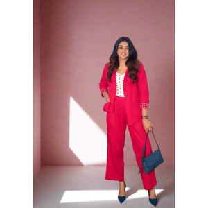 Conjunto de Blazer Casual con Botones en Color Rosa Rubí - Product Image 1
