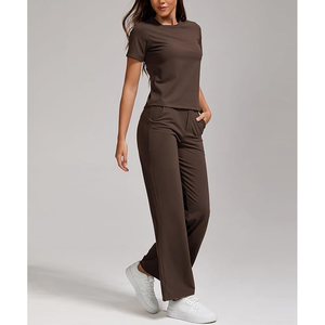 Conjunto de 2 piezas de mezcla de algodón Terry para mujer, camiseta y pantalón informales cómodos y holgados para Primavera/Verano - Product Image 2