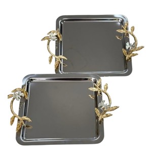 Plateau de service en métal de haute qualité avec poignées en feuille d'or, plateau décoratif carré vintage pour la décoration de la maison, plateau pour serveur d'hôtel, plateau à nourriture - Product Image 1