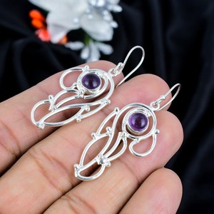 Superbe cabochon rond en pierre précieuse d'améthyste violette Vintage Baho Solid 925 Sterling Silver Plated Dangle Drop Womens Design Boucle d'oreille - Product Image 2