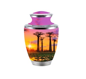 Urna de cremación de nuevo diseño, urna de cremación para adultos funeraria de aluminio fundido a mano con tema de puesta de sol de bosque - Product Image 1
