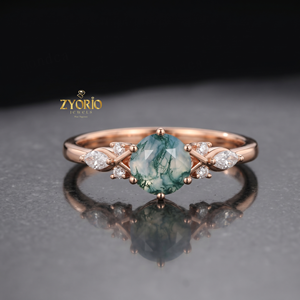 Anillo de Compromiso de Oro de 10K con Ágata Musgosa Verde Natural, Anillo con Detalle de Hoja y Diamantes, Anillo de Promesa Único para Mujer - Product Image 6