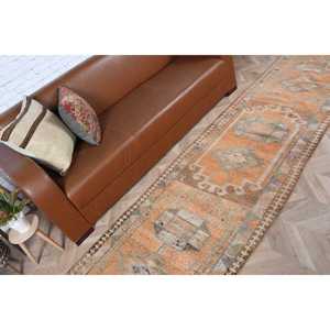 Vintage <b>Runner</b> <b>Rug</b> 2.7x12.6 ft (83x384 cm), Orange Ikat Turkish <b>Rug</b> - Product Image 3