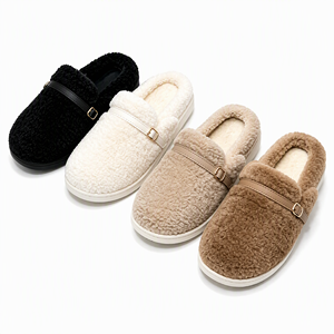 Women Flat <b>Sandals</b> Sakura <b>Pink</b> Plush Upper Soft Sole Slip On Open Toe Slides Buckle Decoration <b>Low</b> <b>Heel</b> PU Fabric <b>Low</b> Price fit - Product Image 1