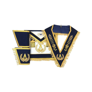 Ensemble de tablier de maître maçon maçonnique bleu marine brodé à la main avec col à franges et gantelet - Product Image 1